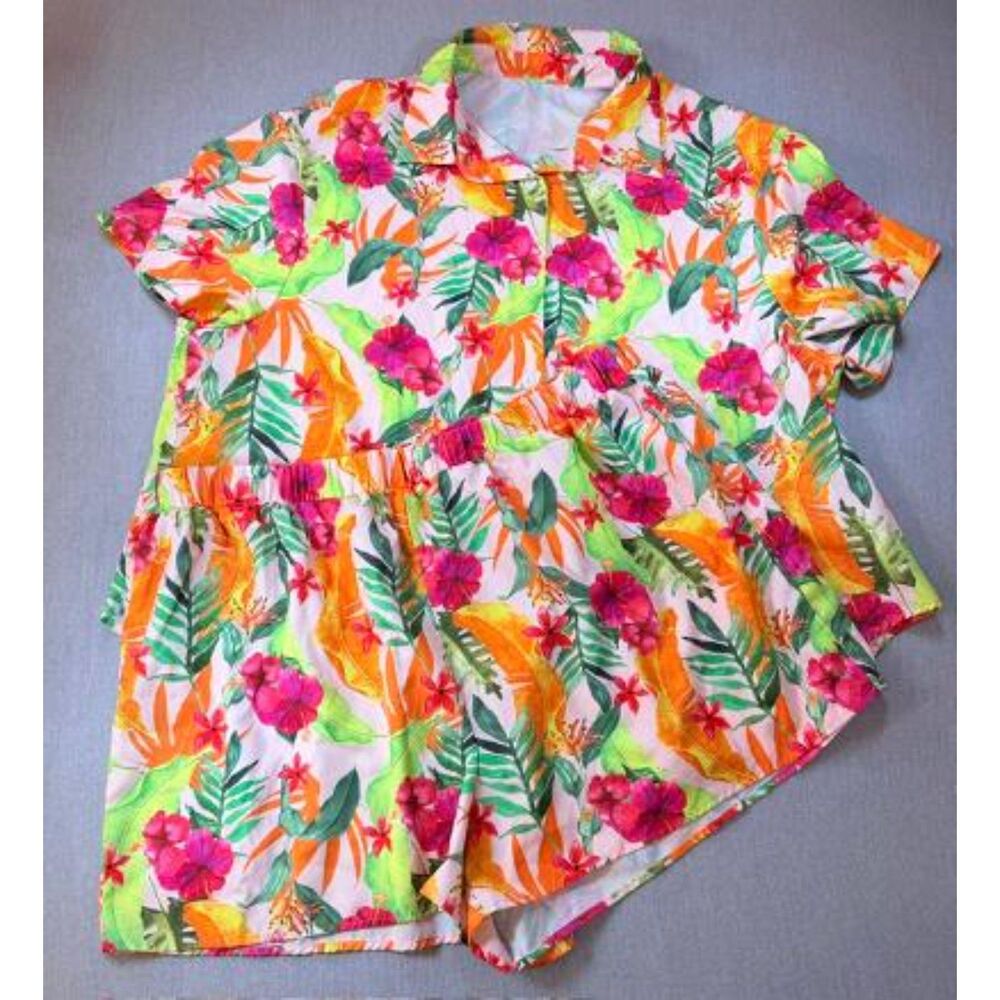SHEIN Tropical Shirt & Shorts Set Women's 5XL Pink Orange Button Front
